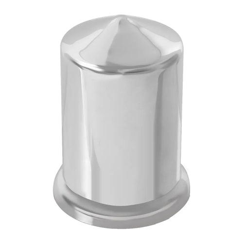 Chrome pointed top hat nut cover in 7/8" or 15/16" size by RTE Custom Trucks, designed for vehicle wheel nuts.