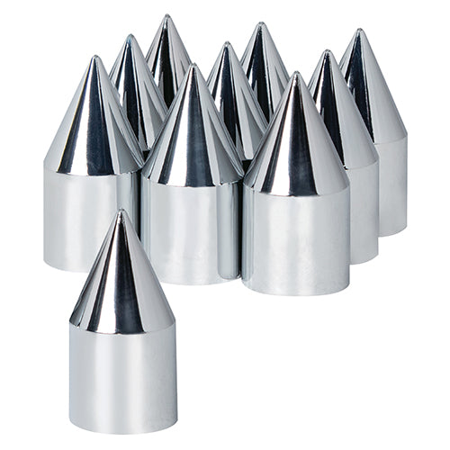 Set of 10 chrome plastic spike push-on nut covers measuring 33mm x 3-1/8" for truck wheels by RTE Custom Trucks