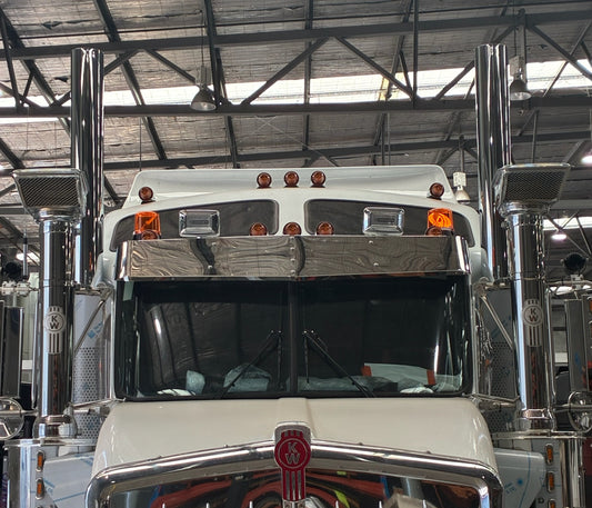 Kenworth T Series 12-inch drop visor by RTE Custom Trucks, showing a chrome truck visor mounted on a Kenworth T Series truck.