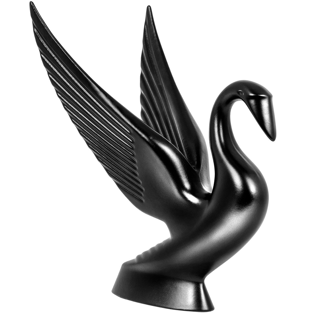 Matte black powdercoated swan hood ornament from RTE Custom Trucks, showcasing sleek design and durable finish.