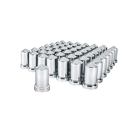 Set of 20 chrome plastic pointed nut covers, 33mm x 3-3/16, for custom truck wheels by RTE Custom Trucks.