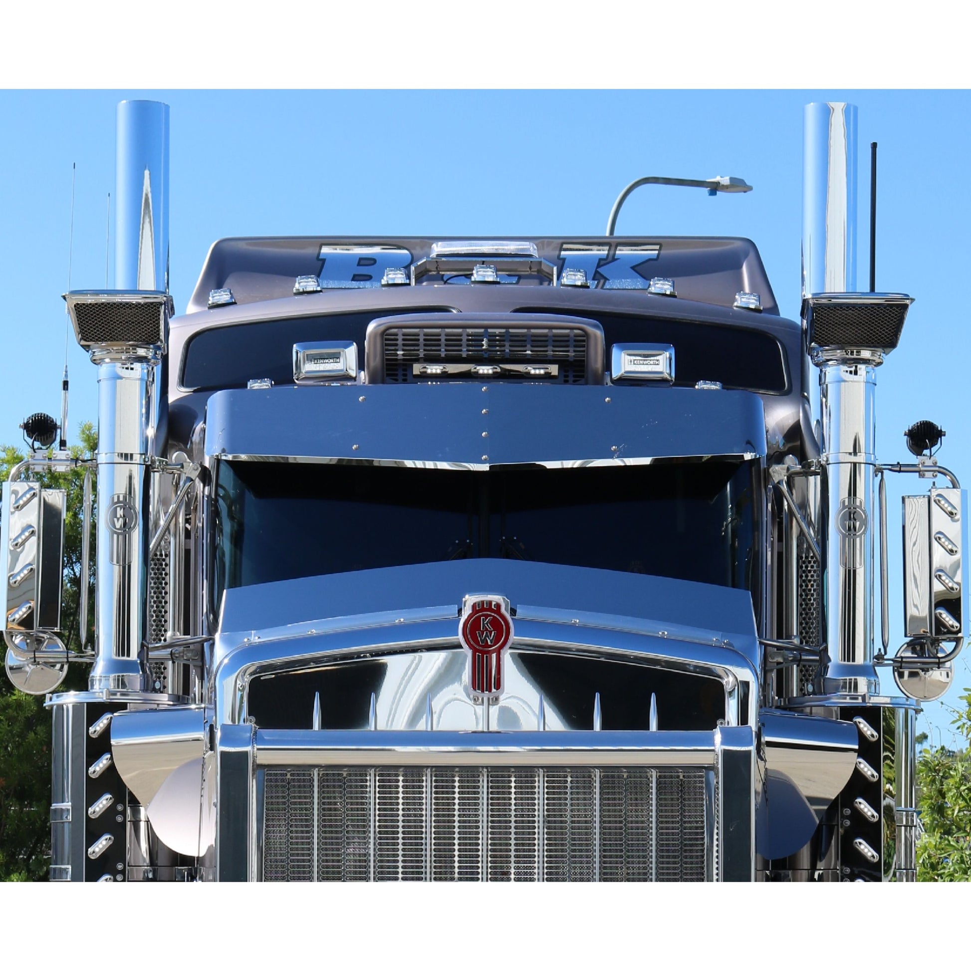 RTE Custom Trucks Kenworth T Series 14" drop visor mounted on a truck, showcasing sleek design and sturdy construction.