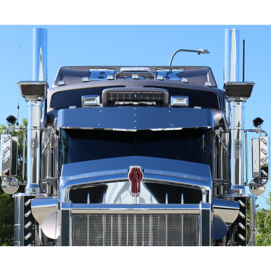 RTE Custom Trucks Kenworth T Series 14" drop visor mounted on a truck, showcasing sleek design and sturdy construction.