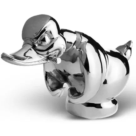 Chrome duck hood ornament by RTE Custom Trucks, featuring a detailed and shiny duck design for vehicle decoration.