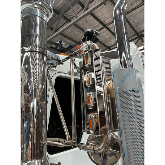 Stainless mirror trims with four lights by RTE Custom Trucks, showcasing a sleek design and polished finish.