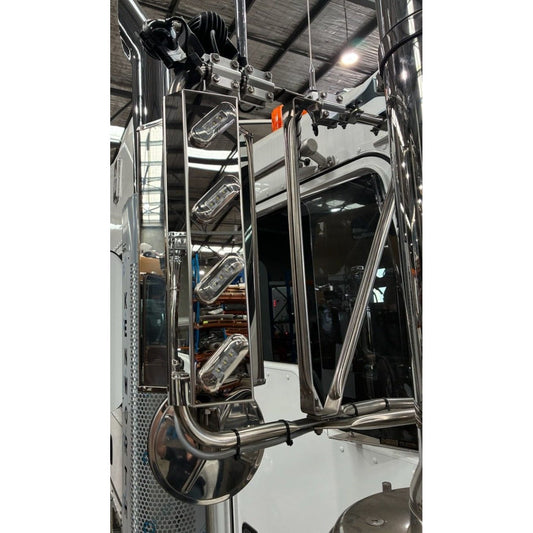Stainless mirror trims with four lights, 45-degree angle, designed for RTE Custom Trucks, showcasing sleek finish and illumination.
