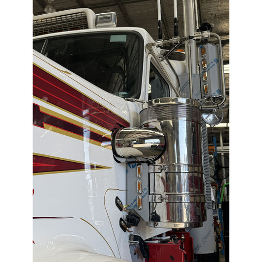 Stainless air intake hose cover by RTE Custom Trucks, showcasing a sleek design and durable finish for enhanced performance.