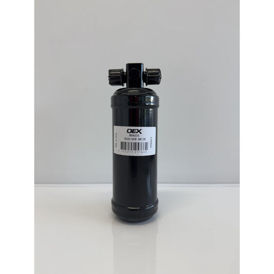 RTE Custom Trucks receiver drier with a cylindrical design, showcasing metal construction and connection ports.