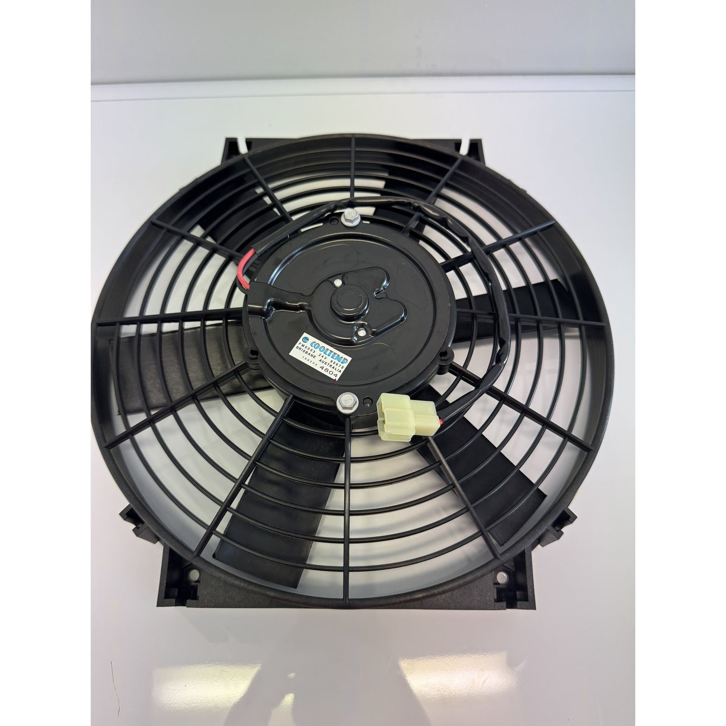 RTE Custom Trucks 24V condenser fan displaying a sleek design with visible motor and fan blades.