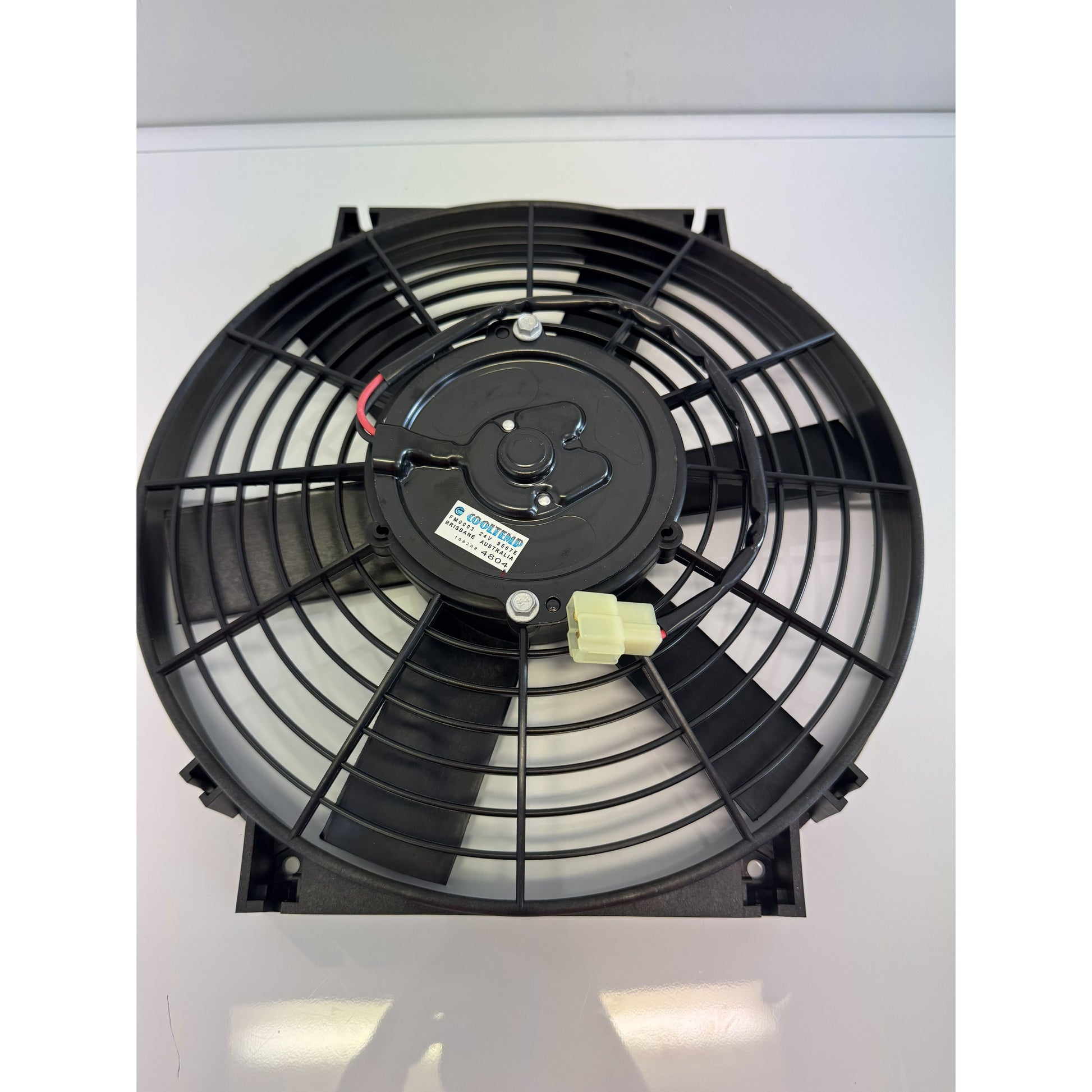 RTE Custom Trucks 24V condenser fan displaying a sleek design with visible motor and fan blades.